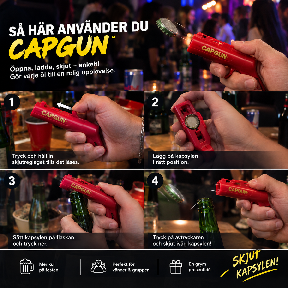 Rolig kapsylpistol flasköppnare för fest och bar